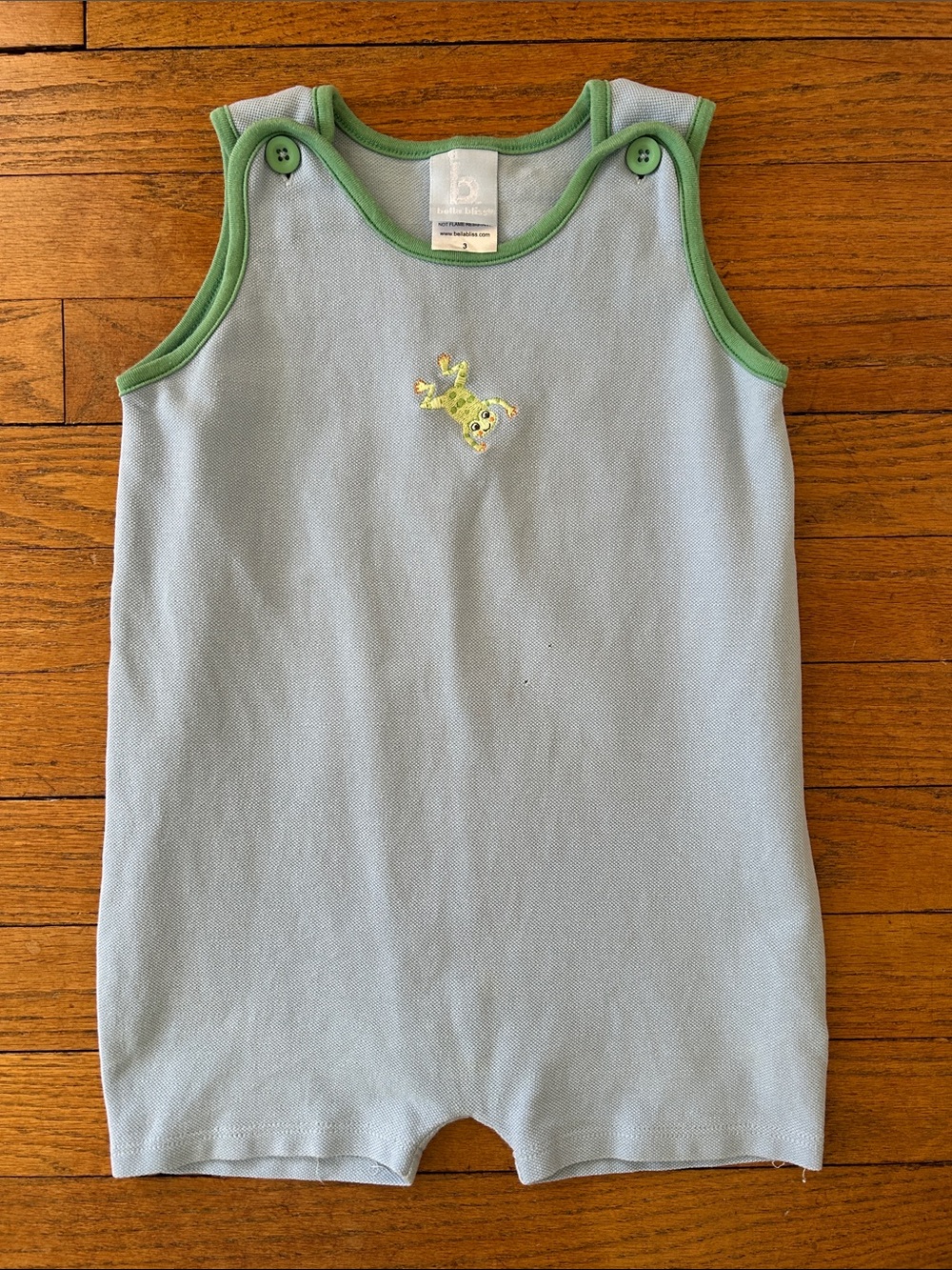 Bella Bliss Light Blue Overall/Romper with Green Trim and Frog Patch (Size 3T)